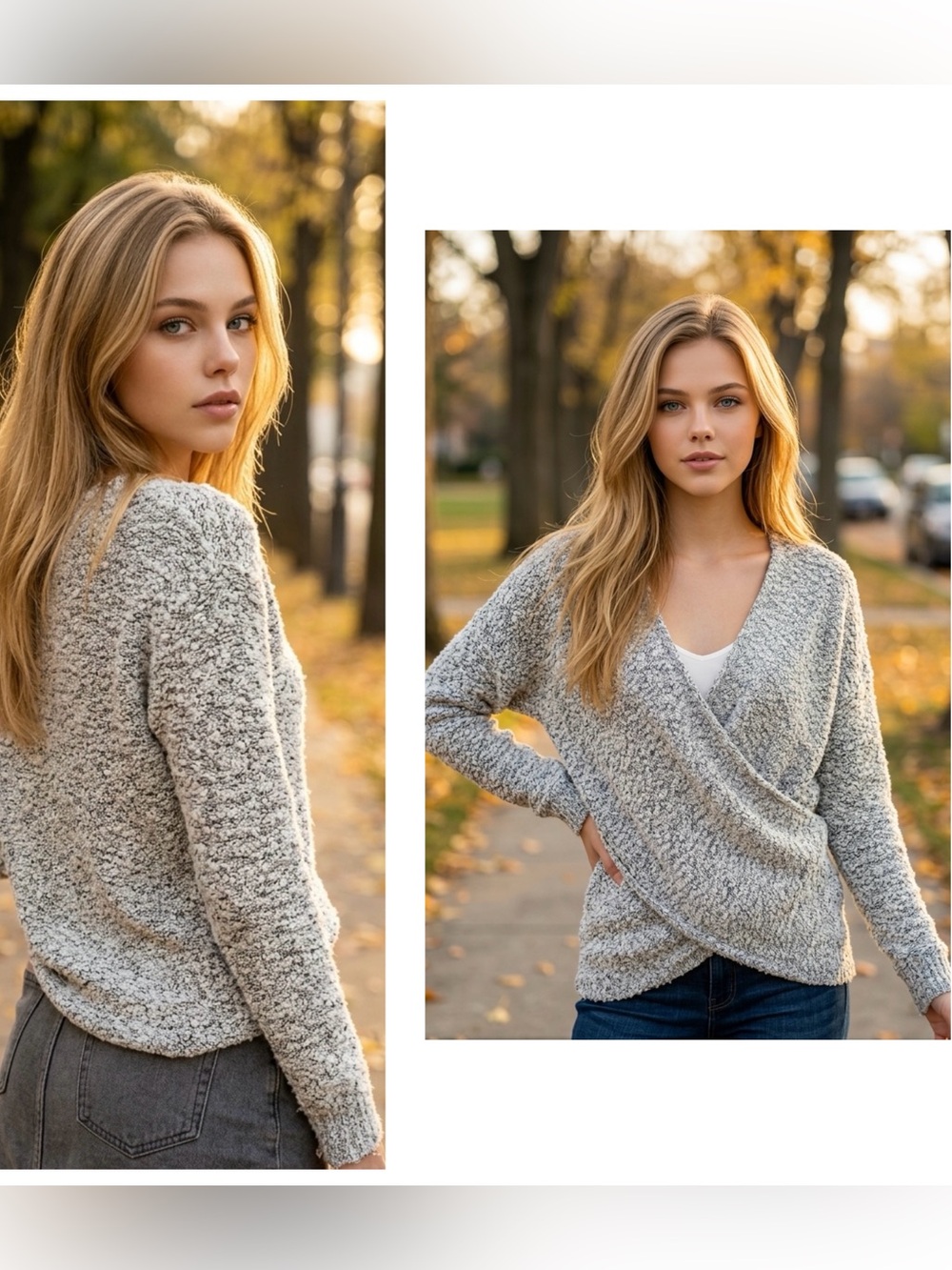 Alya "Gary" Women’s Sz S Long Sleeve Crossover Pullover knubby knit Sweater grey